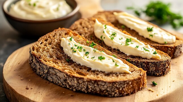 Toasted rye bread slices arranged with aioli