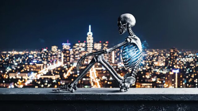 Human skeleton sitting contemplatively on rooftop overlooking a vibrant city at night, with glowing blue energy within the ribcage.
