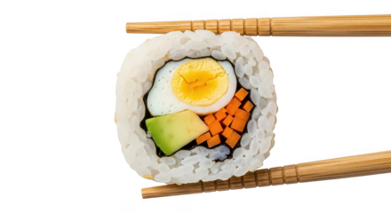 Sushi Roll With Egg Avocado Carrots Held By Chopsticks