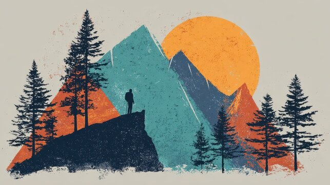 Retro mountain hiking graphic for a bold t-shirt design with a silhouette of a hiker