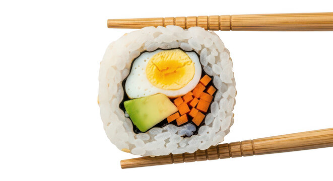 Sushi Roll With Egg Avocado Carrots Held By Chopsticks - Powered by Adobe