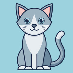 Cute cartoon grey and white cat sitting on a blue background