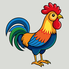 Colorful cartoon rooster standing on a light gray background