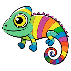 Cute cartoon chameleon with rainbow stripes and big eyes