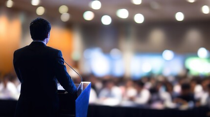 seminar. A professional speaker addressing an audience at a corporate event with stage lighting. pitch deck slides.