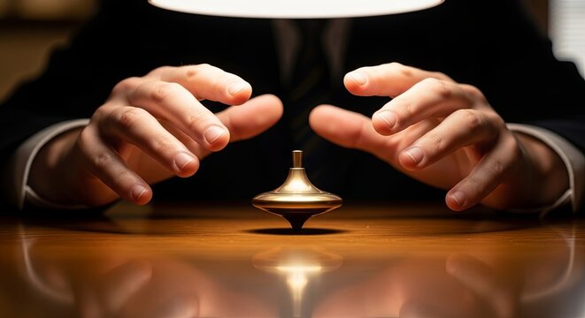 A businessman in a dark suit carefully watches a spinning top on a polished wooden desk.