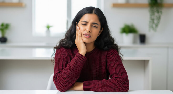 A young woman in a maroon sweater sits with her hand on her cheek, eyes closed, displaying visible discomfort and pain