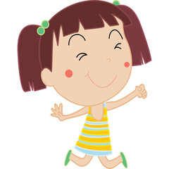 Happy Young Girl with Pigtails Wearing a Yellow Striped Dress and Green Shoes Running with Joyful Expression on Transparent Background
