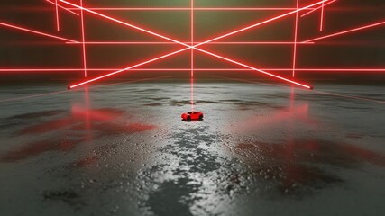 Red sports car in a futuristic neon grid room with wet floor - Powered by Adobe
