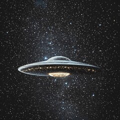 Obraz premium A metallic disc shaped UFO hovers in a star filled deep space environment