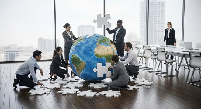A diverse team of business professionals collaborates to assemble a large globe puzzle in a modern office.
