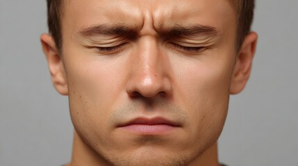 Obraz premium A close up portrait of a man s face with his eyes tightly closed and brow furrowed conveying intense emotion