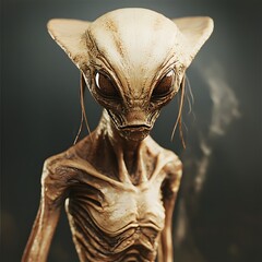 Obraz premium A portrait of a mysterious pale alien creature with large dark eyes and pointed ears rendered in a dramatic shadowy style
