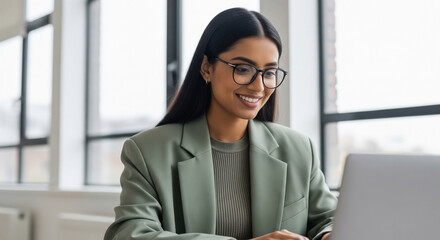 Smiling Indian Woman Working on Laptop in Modern Office