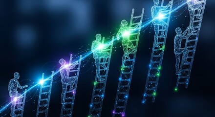 Digital figures climbing ladders representing career progression and technological advancement.
