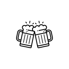 “Minimalist black and white line art of two clinking beer mugs with foam on top, simple clean outline, modern vector icon, white background.”