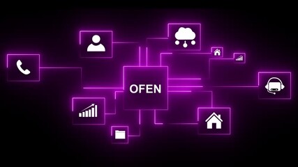 Open cloud network concept with glowing neon icons for business collaboration communication growth security and innovation on dark background digital technology abstract,4k animation motion video - Powered by Adobe