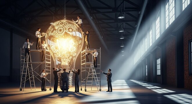 A team of people collaborating in a warehouse to build a giant, mechanical lightbulb representing a big idea.
