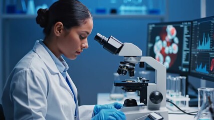 Focused scientist in a lab coat using a microscope for medical research with data displayed on monitors in a modern laboratory setting for pharmaceutical advancements - Powered by Adobe