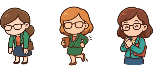 set woman characters in office attire with calm expressions
