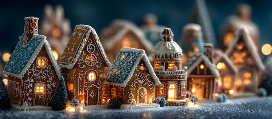 Top view of a Christmas cookie village laid out on a dark blue background in a festive Christmas scene featuring gingerbread houses with ample copy space image