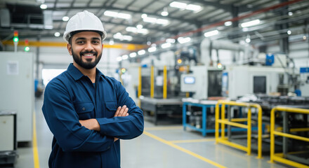 Confident Male Engineer Posing in a Modern Factory