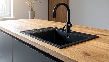 Modern Kitchen Sink and Faucet with Wooden Countertop.
