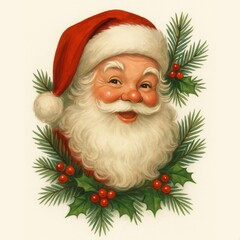 Cheerful Santa Claus with Red Hat Surrounded by Holiday Greens