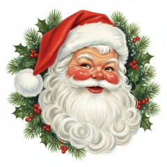 Cheerful Santa Claus with Bright Red Hat Surrounded by Holly Leaves, Charming Vintage Santa Sticker in 1950s Style on White Background 