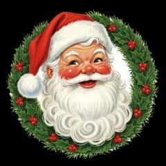 Cheerful Santa Claus in Holiday Wreath with Festive Holly Leaves, The style is retro 1950s Christmas postcard art