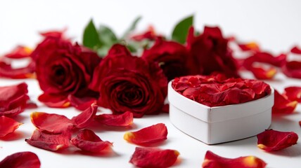 Romantic valentine’s day composition with red roses, heart-shaped gift box, and scattered rose petals on a clean white background for love, romance, and celebration concepts