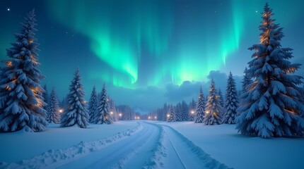 Enchanting northern lights dance over snow covered forest road at twilight offering a sense of wonder and serene beauty