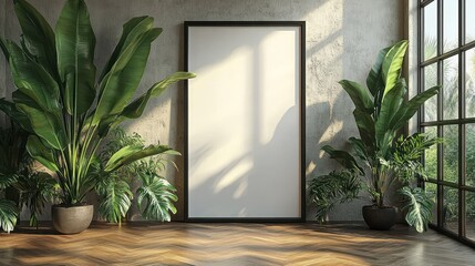 Blank framed poster in a room with tropical plants