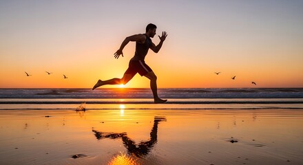 A person running along the beach at sunset with the sky illuminated in warm colors and birds flying in the background