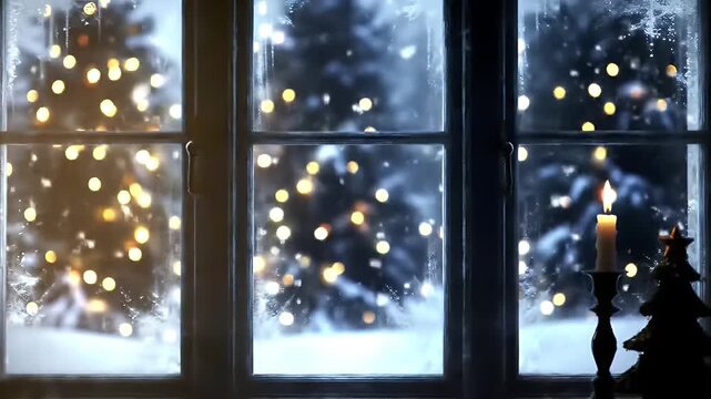 christmas window view on a snow fall