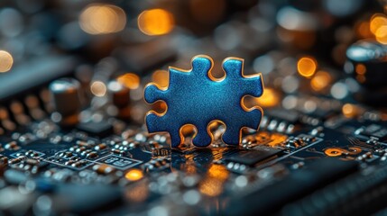 Blue puzzle piece on circuit board