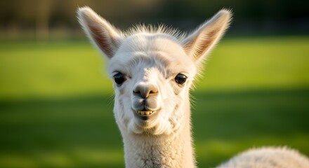 Naklejka premium Close-up of a cute alpaca with fluffy white fur and expressive eyes standing outdoors in a grassy field during daytime