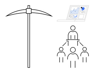 Pickaxe tool alongside a hierarchical figure diagram and data analytics on a laptop screen. Ideal for business strategy, mining, data analysis, hierarchy, leadership, infographic, process mapping