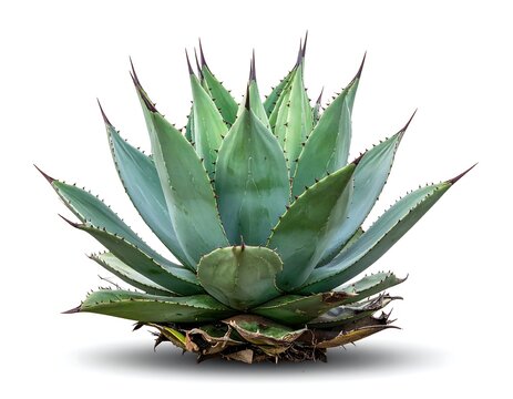 Close-up of a succulent plant, showing sharp, spiky leaves on white
