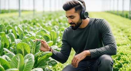 Young farmer checking hydroponic lettuce in a smart greenhouse.
