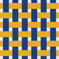 Bold geometric seamless pattern of a basketweavem motif in deep blue and mustard yellow on white Creates a striking high-contrast preppy