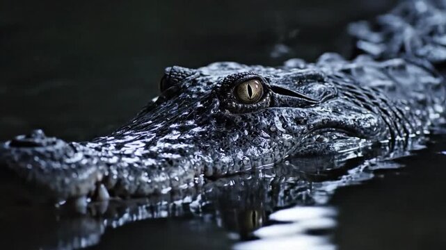 Close-up of a fearsome saltwater crocodile lurking just above dark water surface