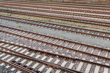 Detail of rails at shunting yard and freight station, Europe