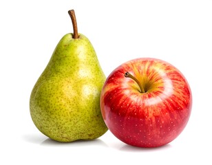 Close-up of a vibrant red apple and a green pear, side-by-side
