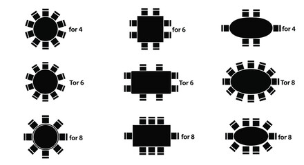 Various table shapes and seating arrangements for four six and eight editable stock