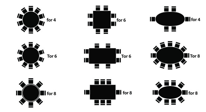 Various table shapes and seating arrangements for four six and eight editable stock