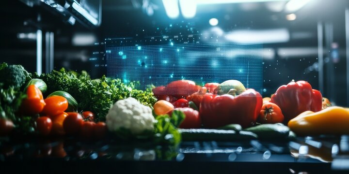 Food technology analyzing fresh vegetables and fruits with digital hologram