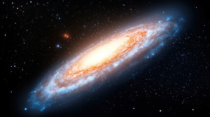 Fototapeta premium Red galaxy with glowing nebulae, featuring stars scattered across an endless cosmic landscape.