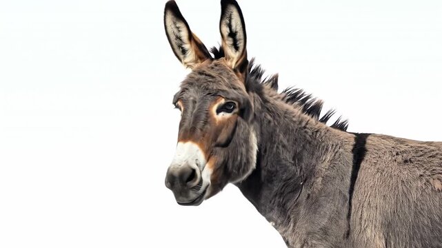 Profile of a grey donkey against a bright white background, facing left, showing fur detail