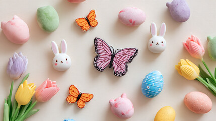 Easter themed flat lay with butterflies, bunnies, tulips and eggs on a beige background.